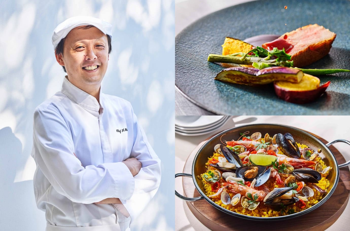 沖縄名護で出会う心地よい地中海料理の紹介セクション。笑顔のシェフの写真と、沖縄食材を使った肉料理や魚介パエリアのイメージ写真。