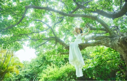 緑豊かな大きな木の太い枝に腰掛け、木漏れ日の中でリラックスした様子で座っている白いドレス姿の花嫁