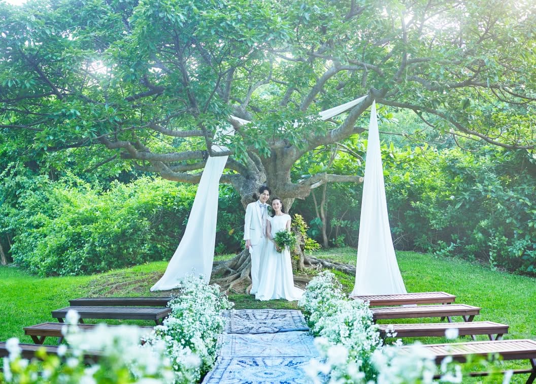 豊かな緑が広がるガーデンウエディング会場で、シンボルツリーの前に立つ新郎新婦。白い布の装飾と白い花々に囲まれたバージンロードの先で、ウエディングドレス姿の花嫁とタキシード姿の新郎が並び、穏やかに微笑んでいる様子。