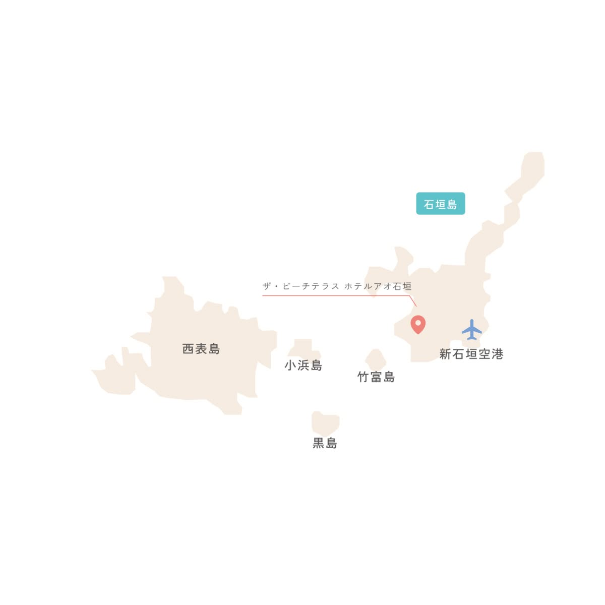 石垣島、西表島、竹富島、小浜島、黒島を含む八重山諸島のアクセスマップ。新石垣空港と、石垣島内にあるウエディング会場「ザ・ビーチテラス ホテルアオ石垣」の位置関係をピンで示した、ゲスト向けのルート案内図。