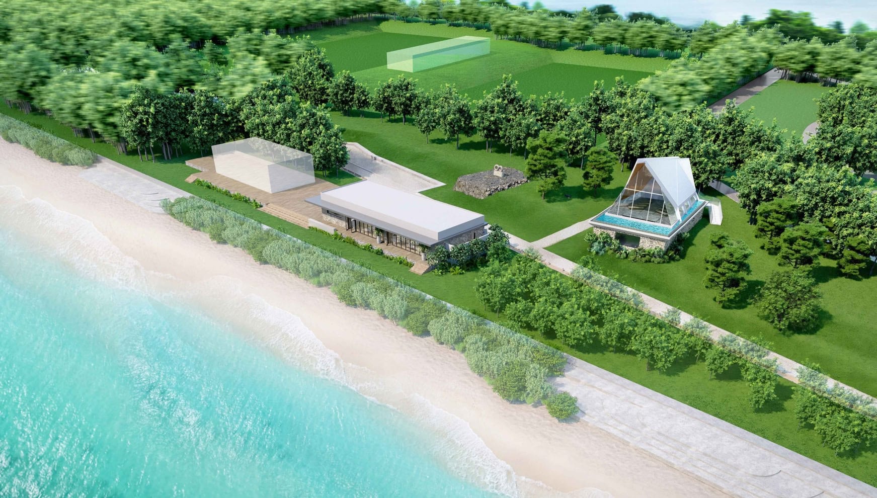 沖縄本島の「21世紀の森公園」内に位置し、豊かな森林と海に囲まれた結婚式場、ザ・サーフビーチサイドテラスの外観