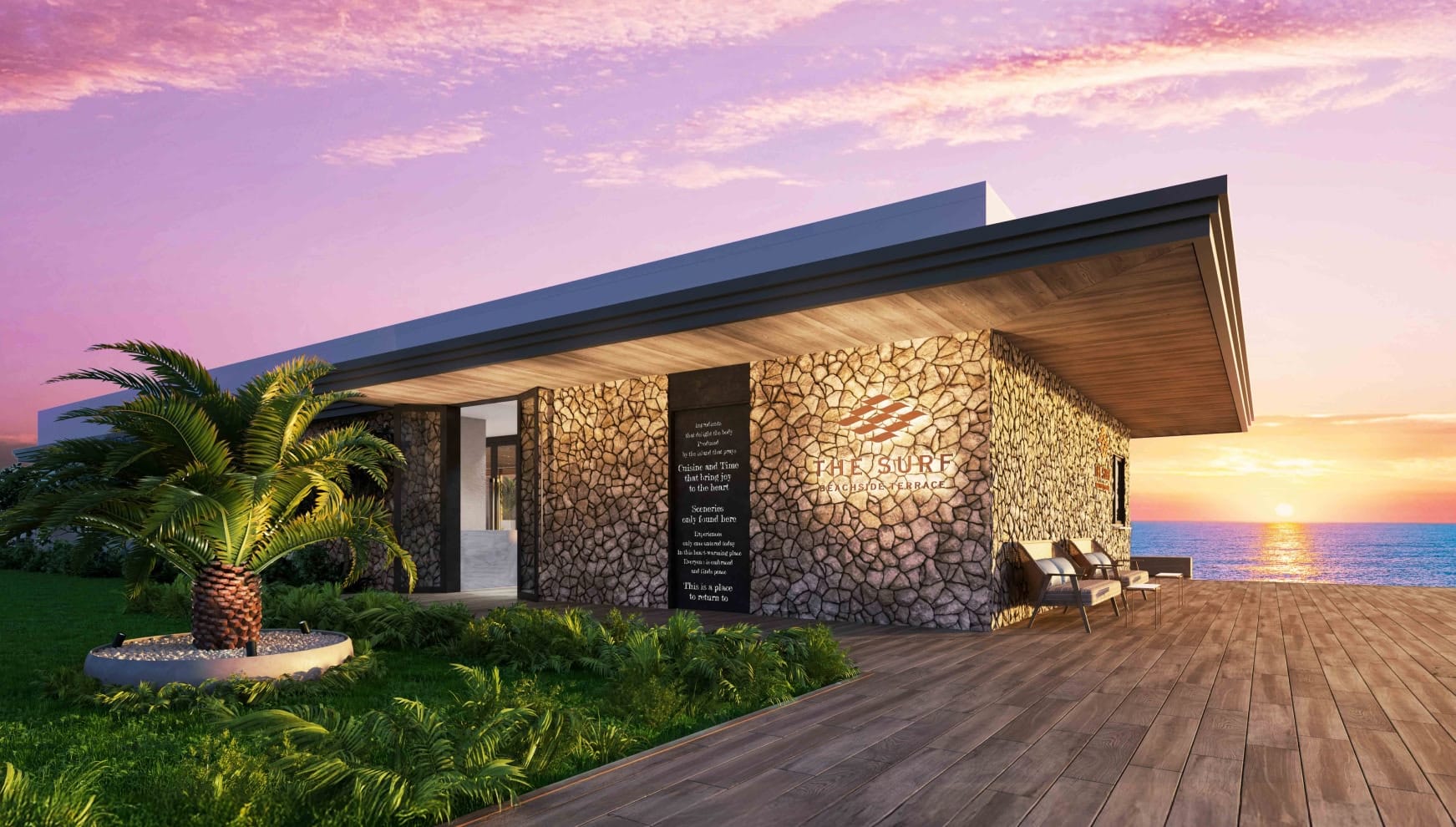 夕暮れ時の美しいサンセットの光に照らされて輝く、ザ・サーフ ビーチサイドテラスの建物外観