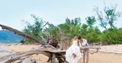 石垣島の「名蔵大橋下ビーチ」に横たわる巨大な流木に座り、楽しげに笑い合う新郎新婦。背景には名蔵湾の穏やかな海と山並みが広がり、自然が造り出したダイナミックなオブジェと、裸足でリラックスしたスタイルの二人が調和する、開放感あふれるウエディングフォト。