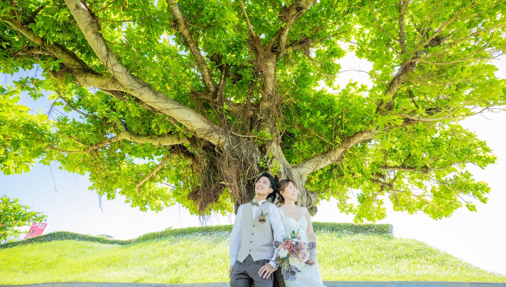 沖縄本島のアラハ公園にある大きなガジュマルの木の下で、背中合わせに寄り添い空を見上げる新郎新婦。豊かな緑の葉の間から木漏れ日が差し込む中、ピンクのバラをあしらったブーケを持つ花嫁と新郎の穏やかな表情が印象的なウエディングフォト。