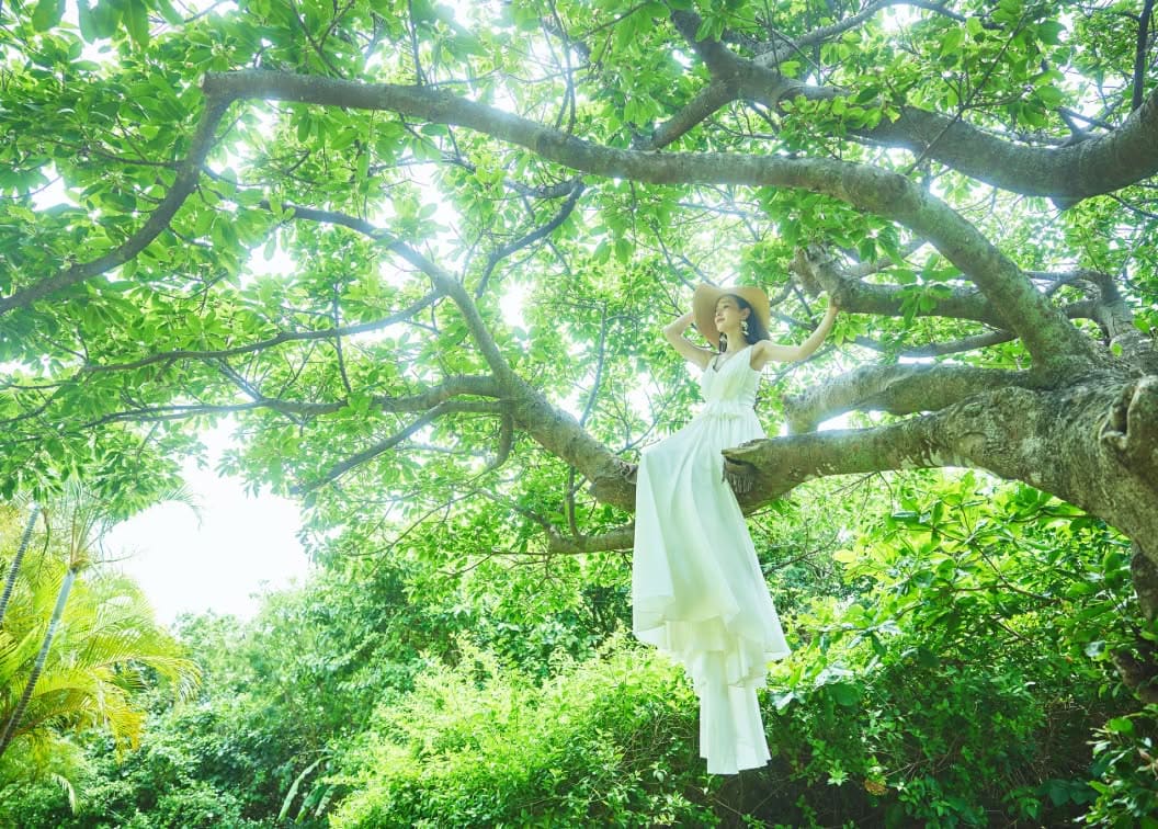石垣島の豊かな緑が広がるガーデンにて、大きなガジュマルの木の枝に腰掛けるウエディングドレス姿の花嫁。麦わら帽子を被り、木漏れ日が差し込む幻想的なシチュエーションの中、自然と一体になったようなナチュラルで美しいウエディングフォトのワンシーン。