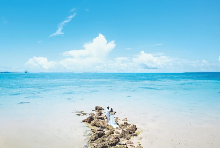 石垣島の透き通るようなエメラルドグリーンの海を背景に、浜辺の岩場に寄り添って立つ新郎新婦のバックスタイル。どこまでも続く青い空と白い雲が広がる開放的なロケーションで、ウエディングドレスの裾をなびかせながら絶景を眺めるドラマチックな風景。